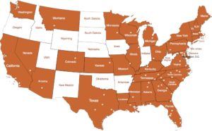 Map of the USA with states colored orange if there is a Clemson Club in the state