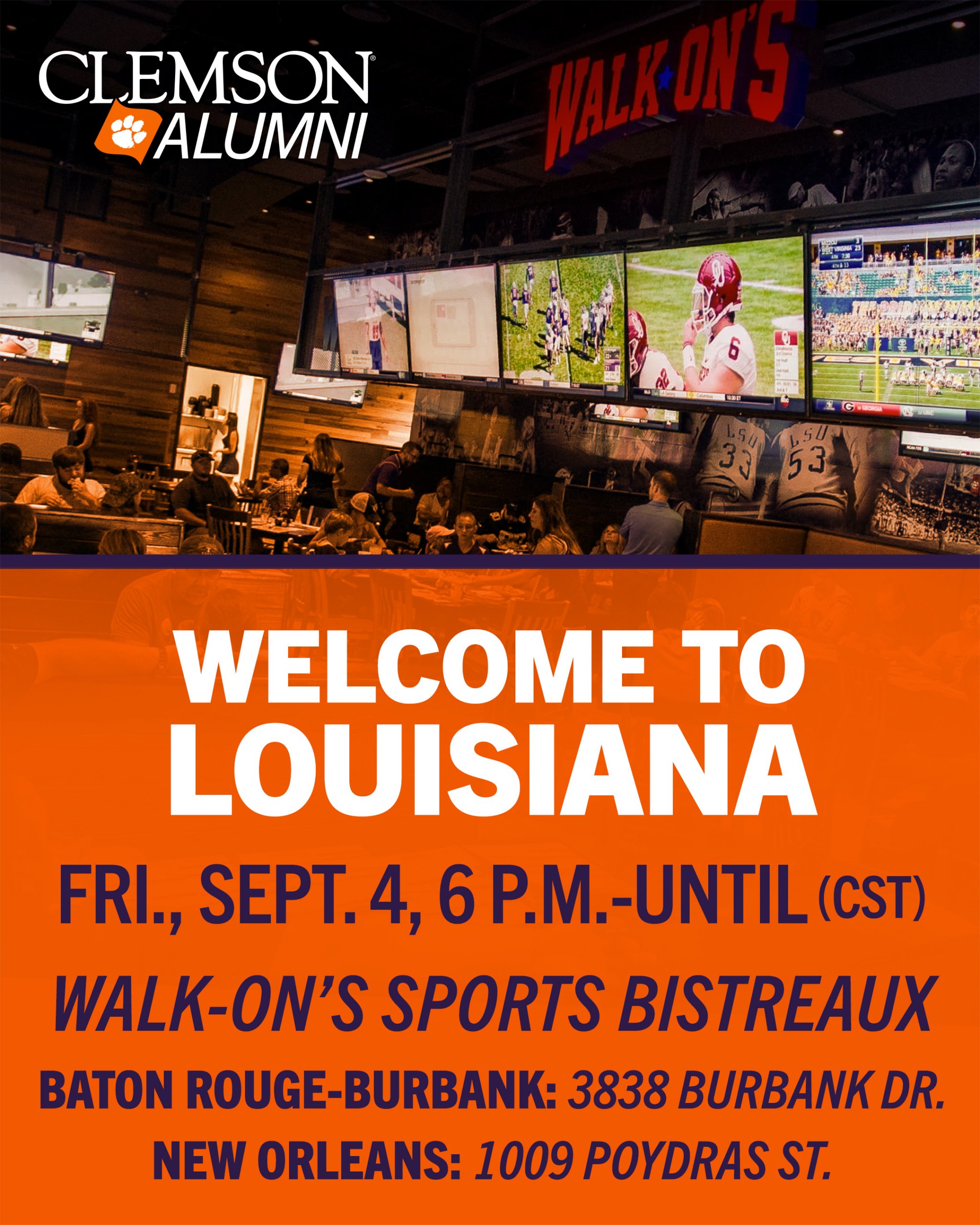 Invitation to join Clemson Alumni at the Welcome to Louisiana events.