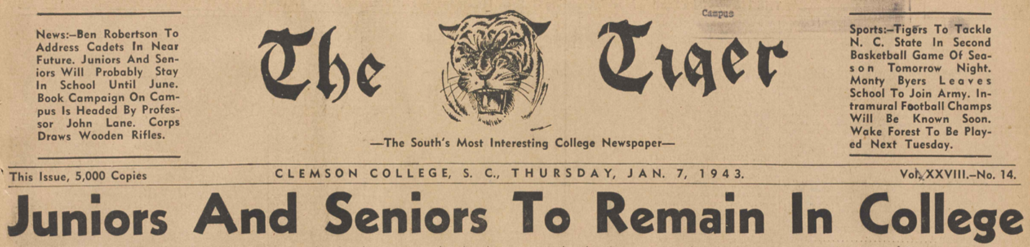 Headline from The Tiger newspaper 