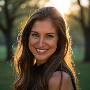 Tracy Sandifer smiling with sun behind in trees