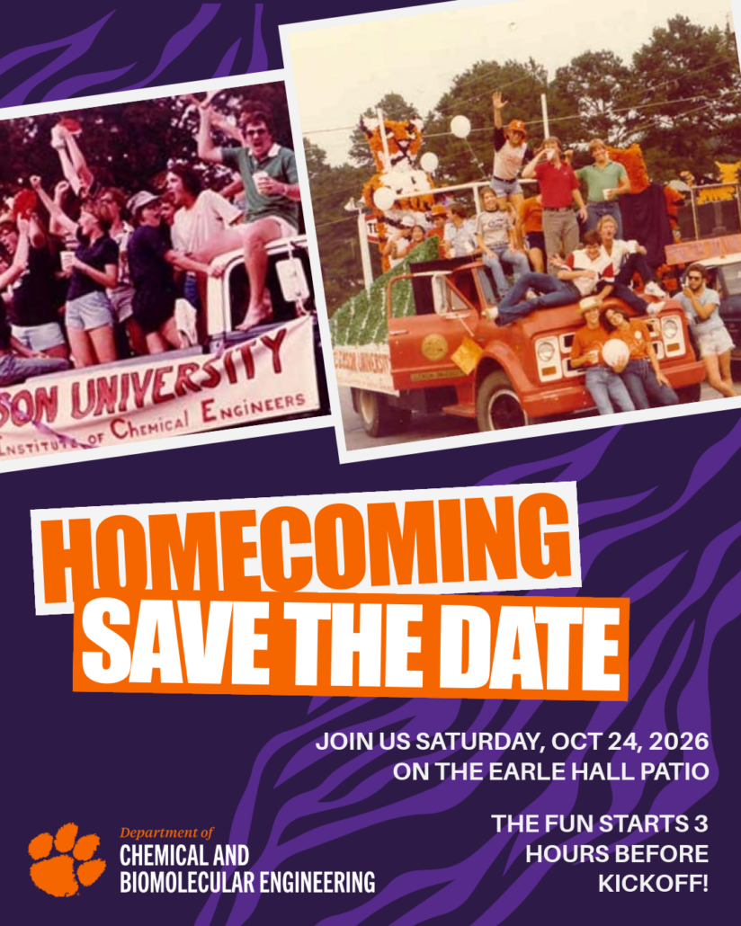 Chemical and Biomolecular Engineering Homecoming Tailgate. Join us Saturday, October 24, 2026 on the Earl Hall Patio. The fun starts 3 hours before kickoff.